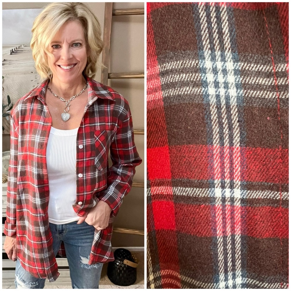 Lightweight Plaid Button-Up Shirt with button sleeve